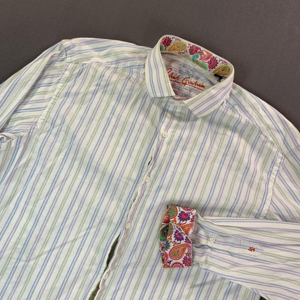 Robert Graham Shirt Men XL White Stripe Paisley Flip Cuff Embroidered Long SLV